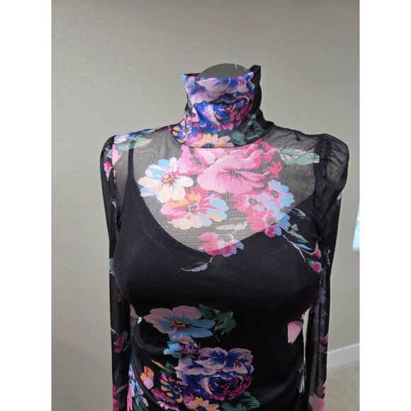 Floral Long-Sleeve Black Mesh Midi Dress With Ruched Design & High Neckline - Picture 4 of 10